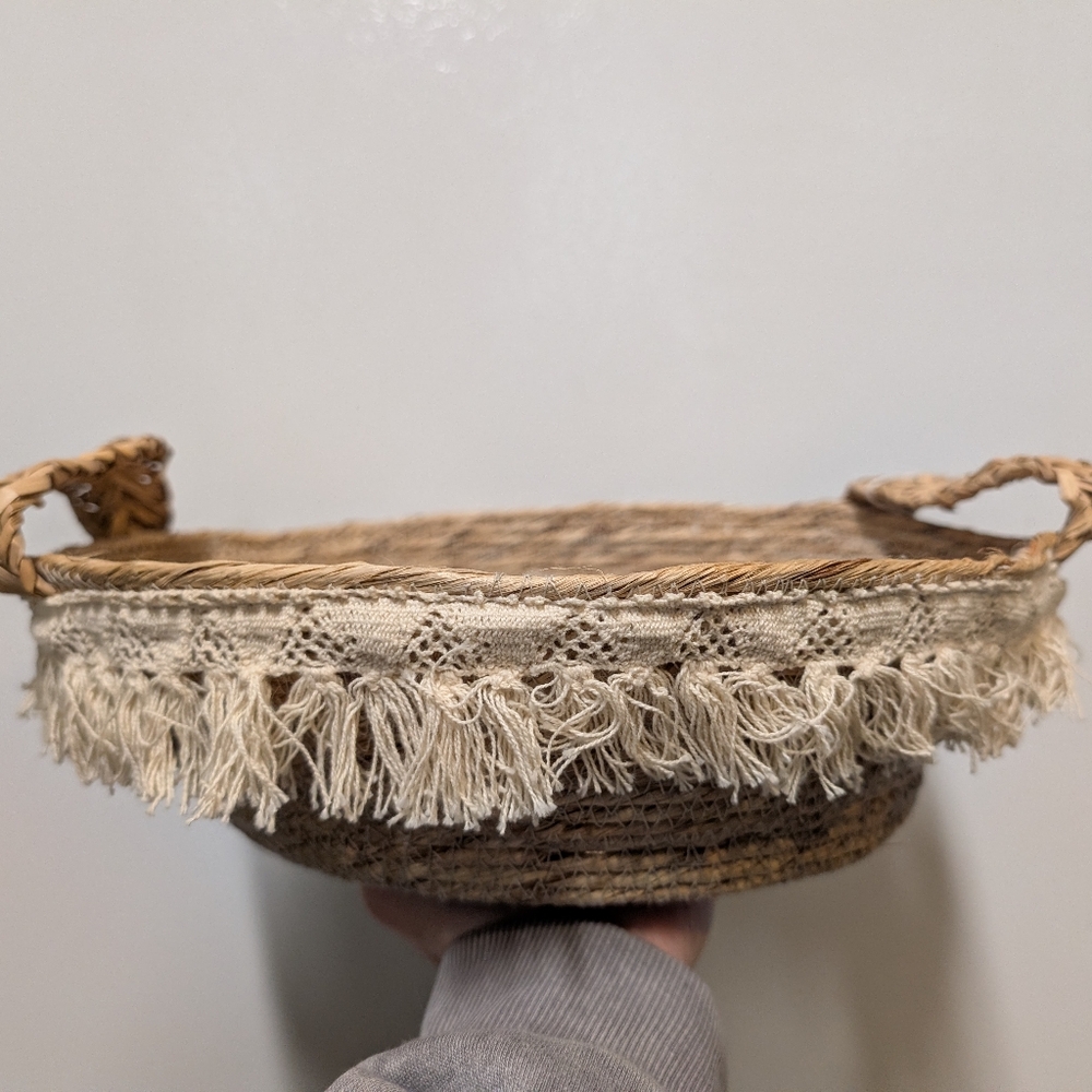 Anthropologie Woven Basket with Cream Fringe